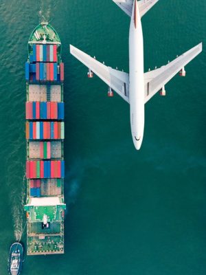 Aerial view logistics and transportation of Container Cargo ship and Cargo plane  for import export and transportation background.